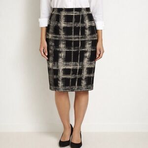 Vintage Studio G Womens Silk Midi Skirt Size 8 Black Abstract Plaid Office Siren